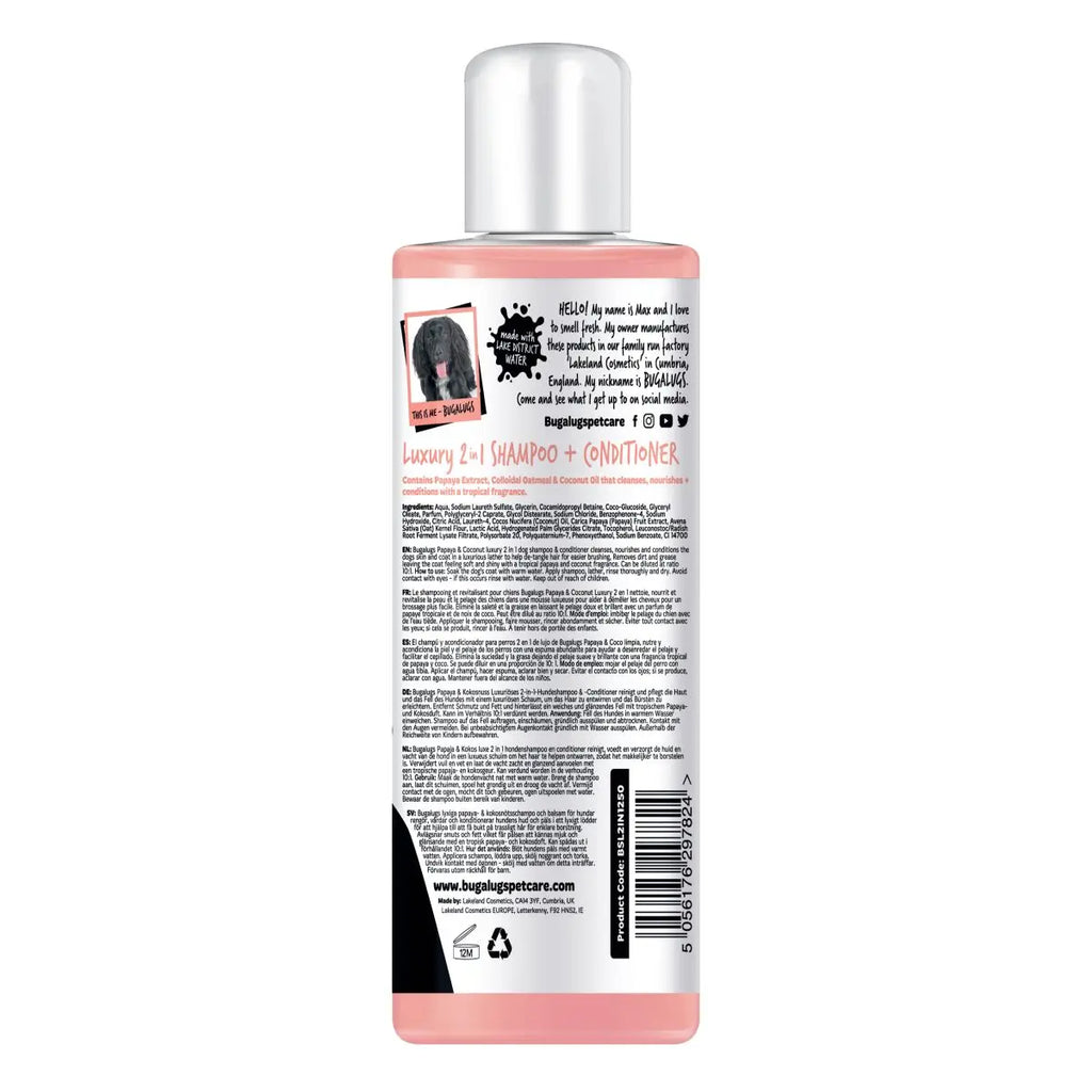 Bugalugs Luxury 2 in 1 Papaya & Coconut Dog Shampoo & Conditioner 250ml